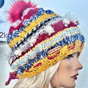 Hand Knits 2 Love Slouch Winter Hat Adjustable Fit 3D Faux Fur Pom Pom Designer